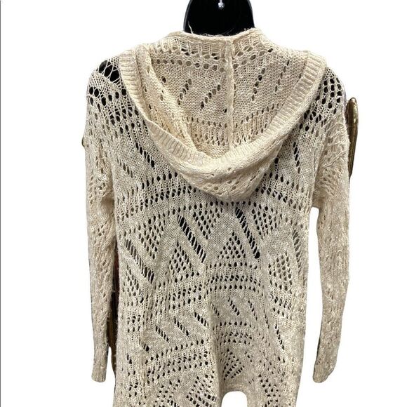 SO Women’s open weave Hooded Cardigan Metallic Flecking Sz Medium‎ Cream color - Picture 2 of 6